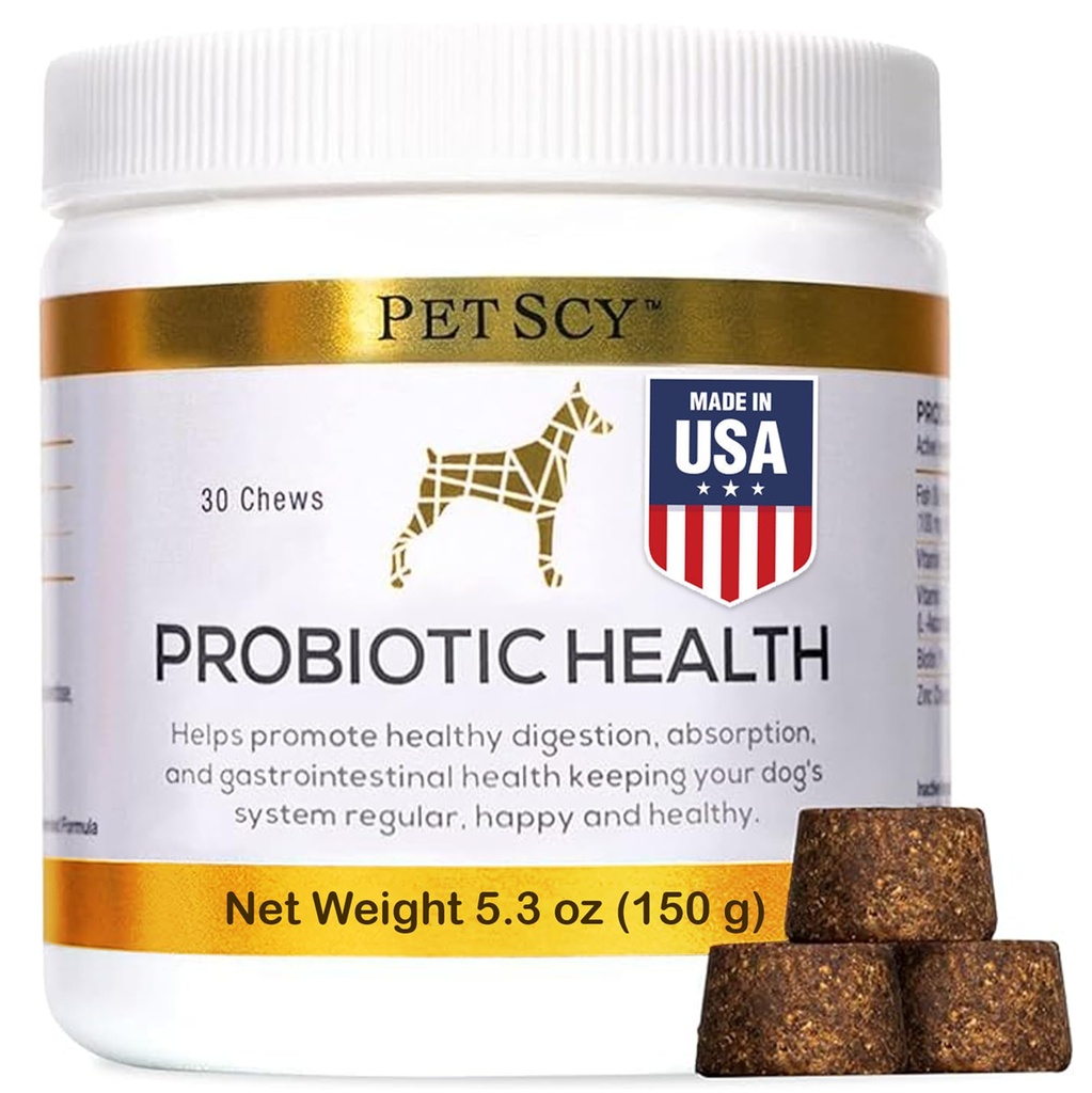 PetScy - Probiotic Chews pentru câini, Probiotic pentru câini de toate vârstele, Dimensiuni & Rase cu fibre prebiotice și Omega-3 pure 