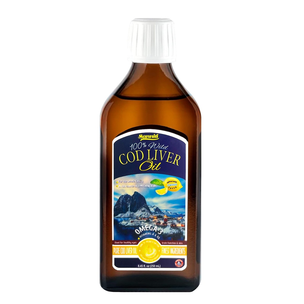 Sanniti 100% Natural Cod Ulei de ficat, 1081 mg Total Omega-3 Acidi grași, Wild Caught Nordic, 250 ml (8,4 oz) (Lemon)