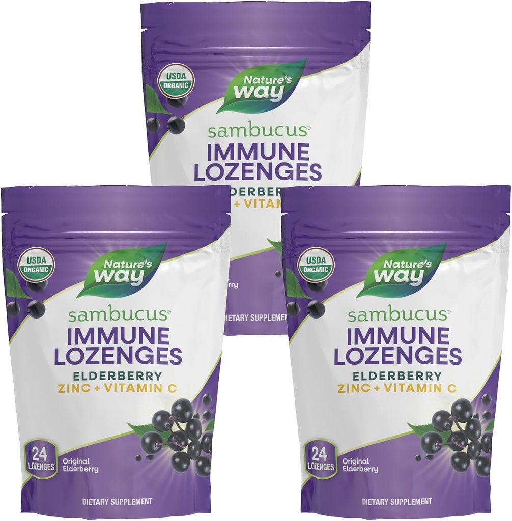 Natura's Way Sambucus Immune Lozenges, Zinc + vitamina C, Black Elderberry Extract, USDA Certified Organic, Original Berry Flavored, 24 Lozenges (Packing May Vary) - 3 Pack