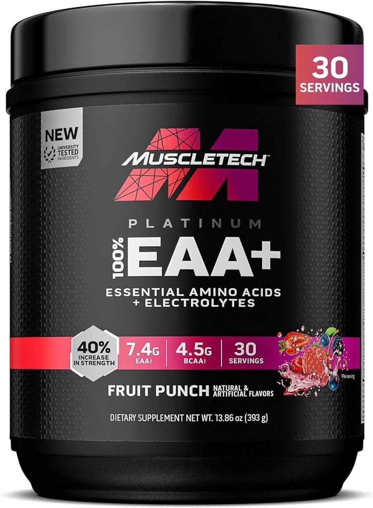 MuscleTech Platinum Essential Amino Acids Supliment cu Electroliti, Punch de fructe - Pre-Workout pulbere pentru energie, Constructor de crestere si forta musculara - EAA Complex pentru barbati si femei - 30 Serviri