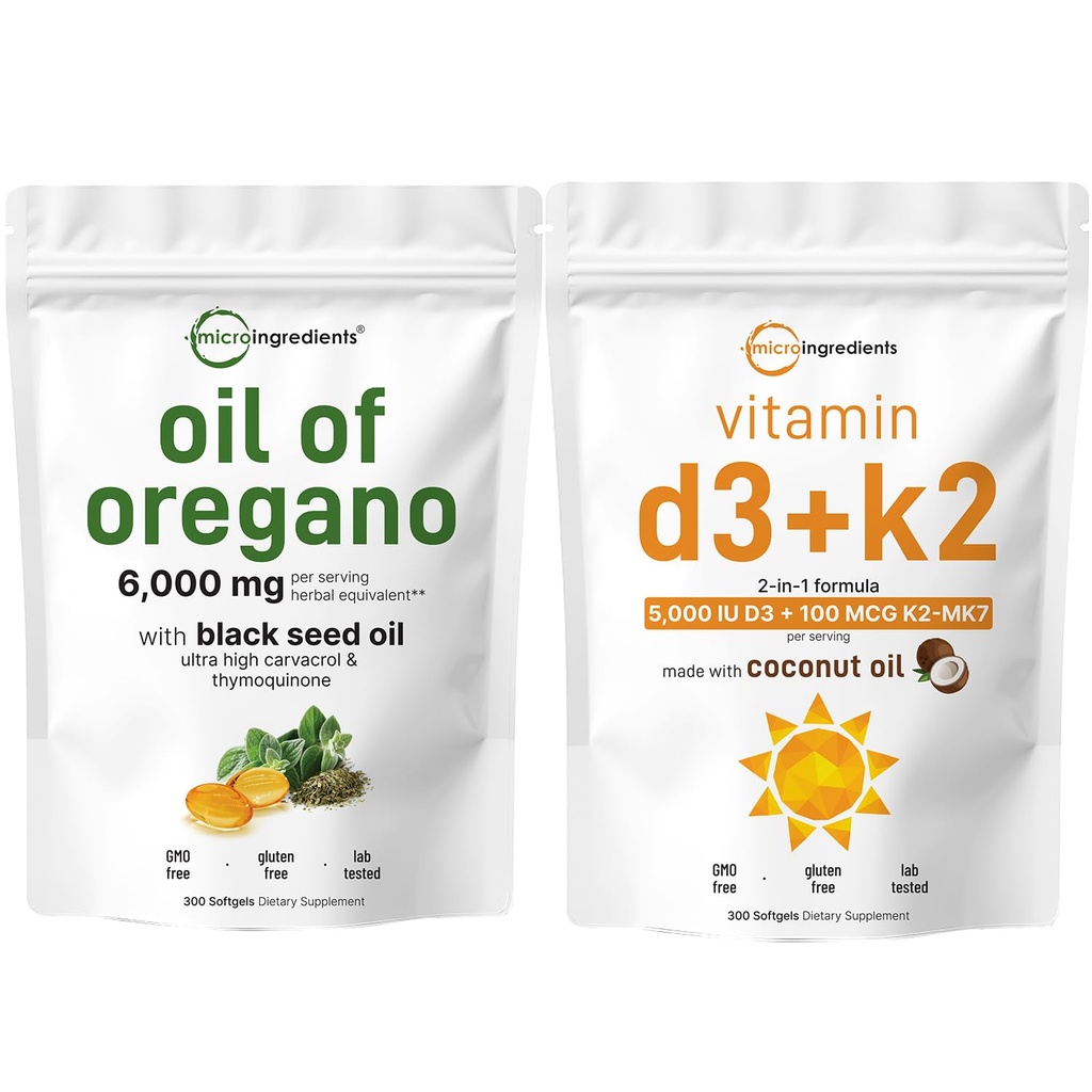 Micro Ingrediente Ulei de Oregano Softgels 6000 mg Per Servire & Vitamina D3 5000 UI Plus K2 (MK-7) 100 mcg, 300 Virgin ulei de cocos Softgels Bundle Pack 