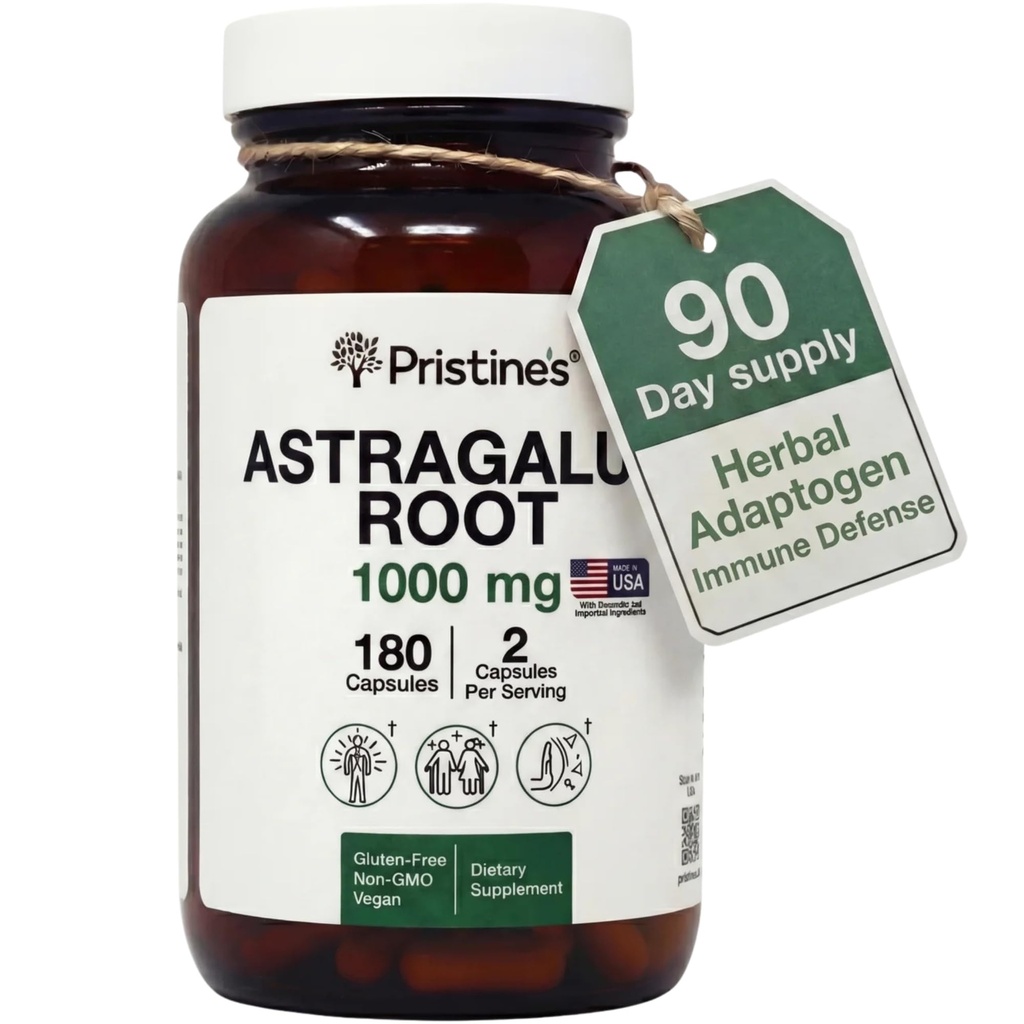 PRISTINE Astragalus Root Supplement Immune Supplement Capsule - 1000 mg 90 Day Supply Herbal Adaptogen - Healthy Aging, Heart & Lung Health