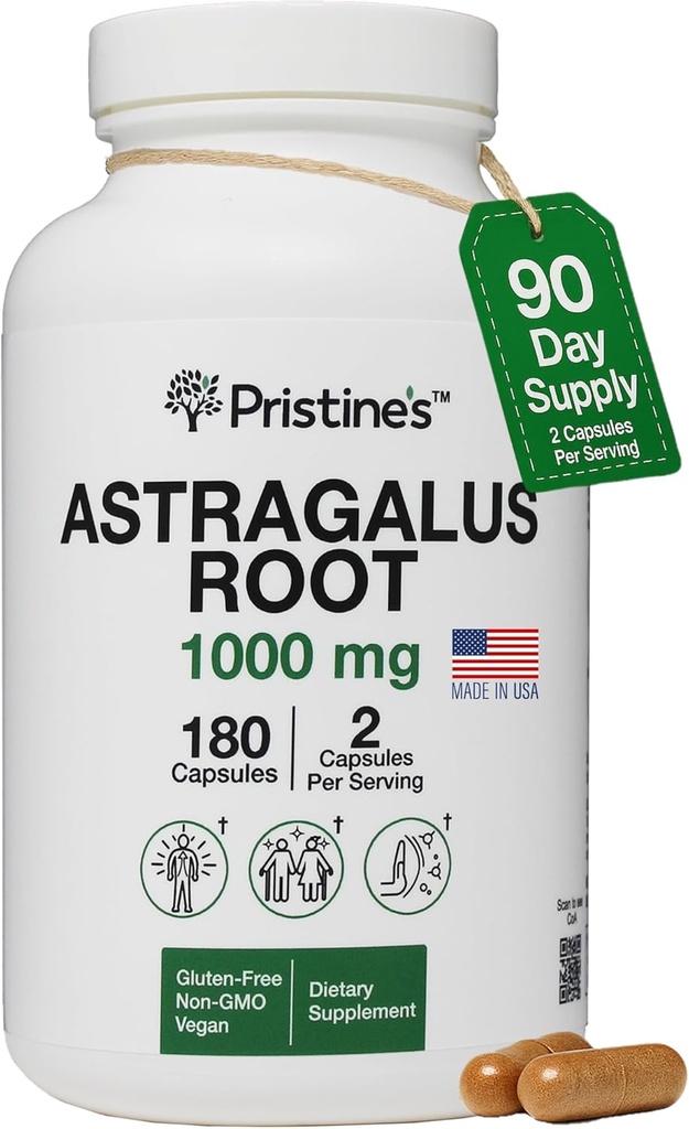 PRISTINE Astragalus Root Supplement Immune Supplement Capsule - 1000 mg 90 Day Supply Herbal Adaptogen - Healthy Aging, Heart & Lung Health