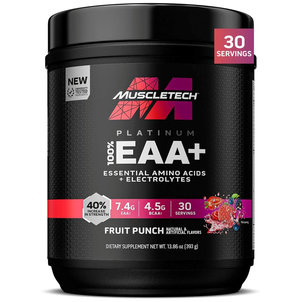 MuscleTech Platinum Essential Amino Acids Supliment cu Electroliti, Punch de fructe - Pre-Workout pulbere pentru energie, Constructor de crestere si forta musculara - EAA Complex pentru barbati si femei - 30 Serviri