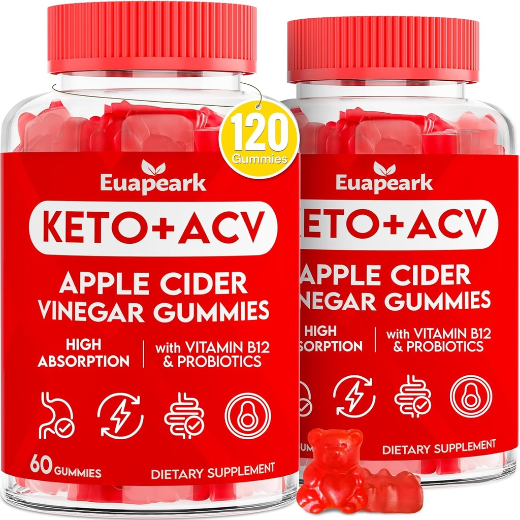 Apple Cider Otegar Gummies, Keto ACV Gummies cu Probiotice, vitamina B12 & Keto Support, 2000 mg ACV cu Mama pentru Digestia, Metabolism, Cleanse & Dieta Detox, Vegan, Zahăr scăzut, 120 Counts