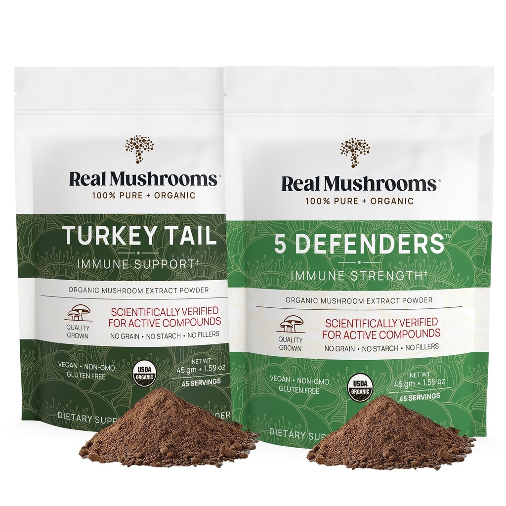 Ciuperci reale Turcia Coada (45g) și 5 Apărători (45g) Mushroom extract pulbere Bundle - supliment ciuperci pentru puterea imună - Vegan, non-OMG Imunitate Supliment