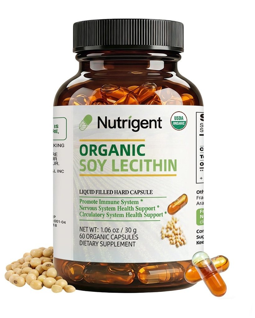 USDA Organic Soy Lecithin Supliment 800 mg, capsule lichide de înaltă absorbţie, Choline Lecithin Supliment pentru Brain & Liver Health Support, Non-GMO, Gluten Free, 60 Conte