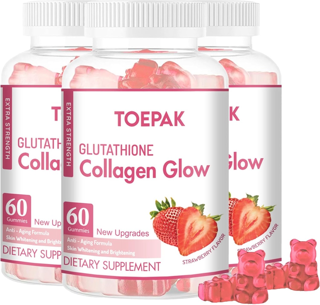 Multi Colagen Proteine Glow Beauty Colagen Gumies, Femeii Anti-Aging Suport cu Glutatione, Biotin & Multivitamine, Promoveaza Skin & Hair Health, Căpșuni, 180 Gumies (90 zile)