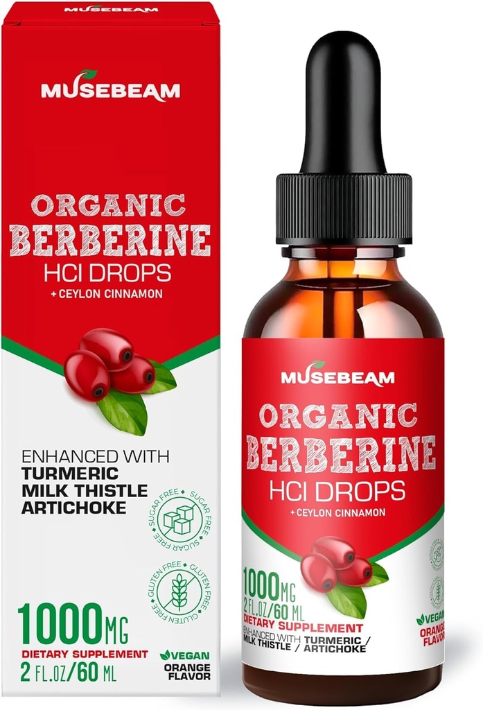 Berberina organică HCl 1000 mg picături lichide - cu Ceylon Cinnamon Turmeric Milk Thistle Anghinare - supliment ridicat de biodisponibilitatea pentru bărbați Femei - Zahăr Vegan gratuit Gluten gratuit 2fl. oz (60ml)