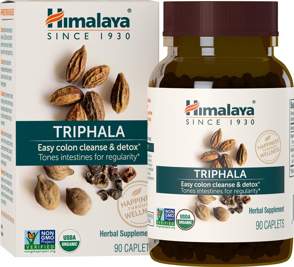 Himalaya Organic Triphala, 90 Day Supply - Digestive Health Supplement for Colon Cleanse & Ocazional Blooting and Constipation Relief - USDA Organic, Vegan, Non-GMO, Gluten Free, 688 mg, 90 Caplets