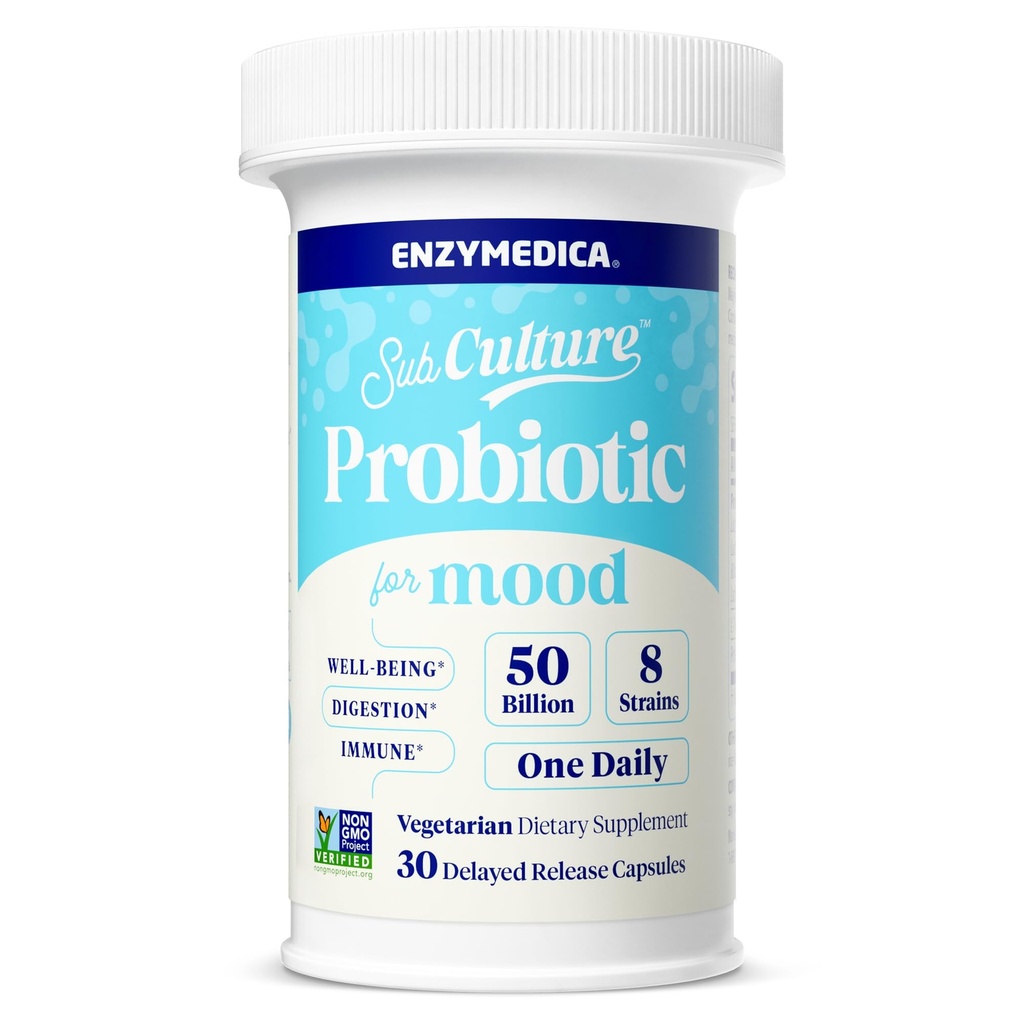 Enzymedica SubCulture Probiotics for Mood, Stress, & Sleep, 50 Miliarde CFU, Promovează relaxarea, Immune + Digestive Health & Regularity, 30 Conte