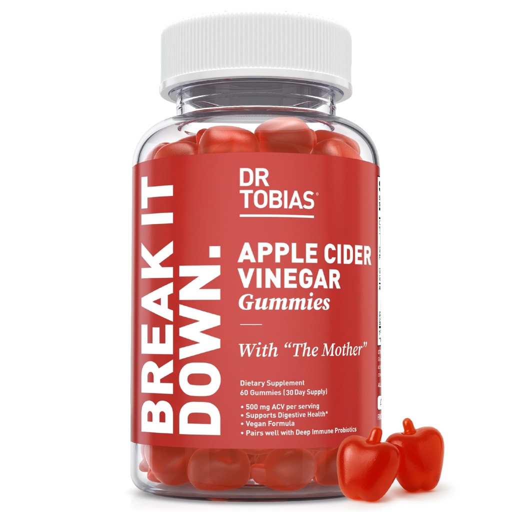 Dr. Tobias Apple Cider Otegar Gummies cu mama, 500mg ACV per Serving, Plus Folate, B6, B12 & Iod, Sprijină Digestive Health, Gut Cleanse & Detox, Vegan, 60 Gummies