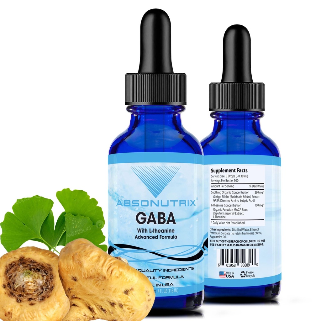 Absonutrix GABA cu L-Theanine 290 mg, 4 Oz Liquid, 300 Servings, Made in USA, Absorbtie rapida, Ingrediente cu potential de calitate, Non-GMO, GMP Instrument certificat, Produse Cruzime-Free