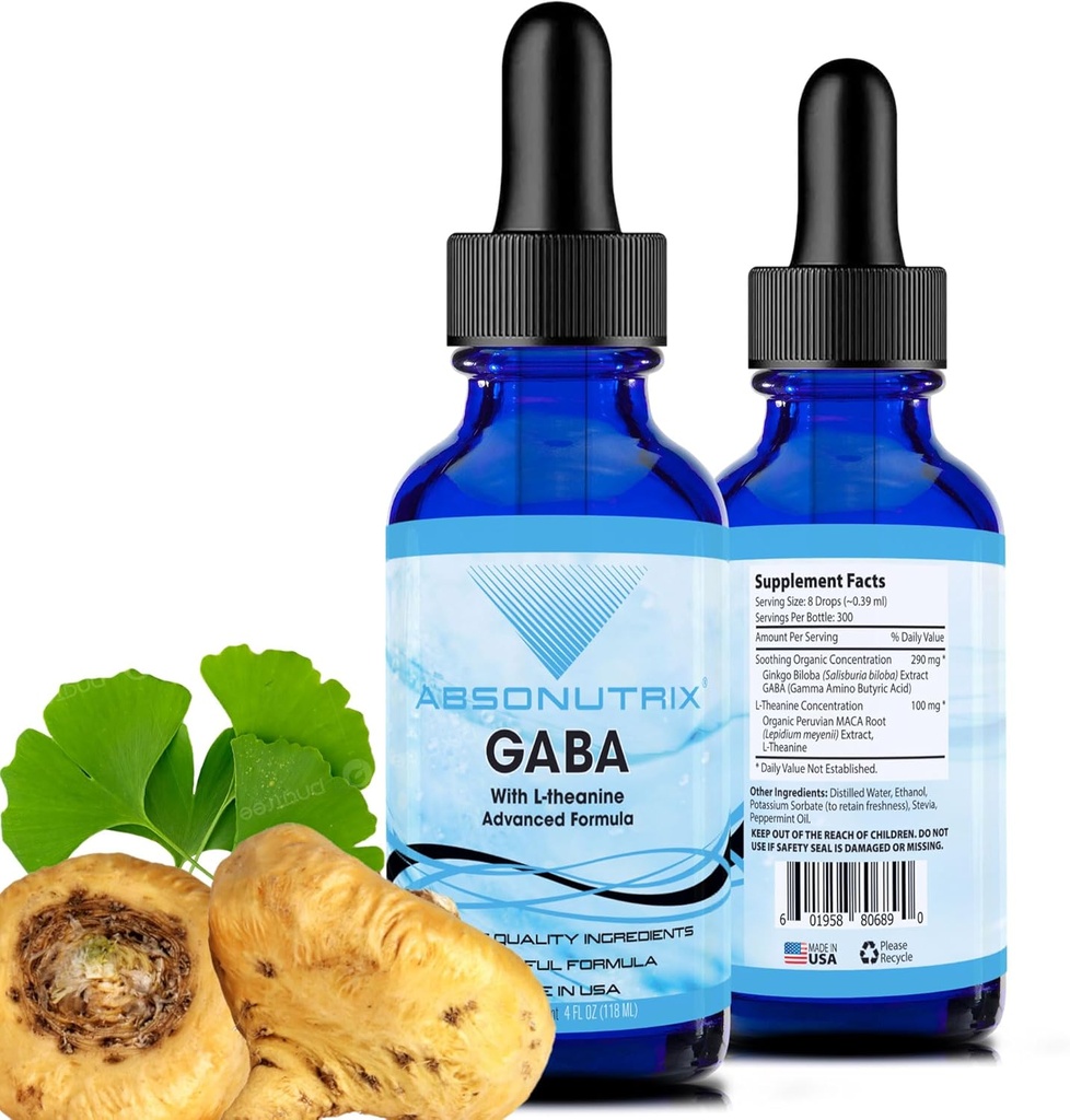 Absonutrix GABA cu L-Theanine 290 mg, 4 Oz Liquid, 300 Servings, Made in USA, Absorbtie rapida, Ingrediente cu potential de calitate, Non-GMO, GMP Instrument certificat, Produse Cruzime-Free