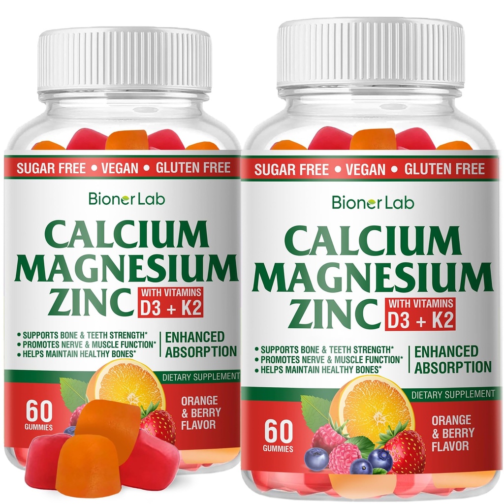 BionerLab Gume de zinc de calciu de magneziu cu vitamina D3 și K2 - Absorbție îmbunătățită de mare potențial - Orange și Berry aroma