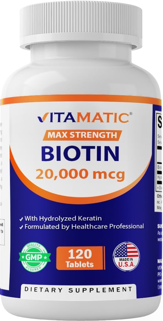 Vitamatic mare potenta Biotin 20000 mcg (20 mg) cu Keratin 100 mg - 120 comprimate vegetariane - Suplimente Biotin pentru sanatoasa piele si unghii pentru adulti (120 Conte (Pachet de 1)