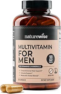 NatureWise Multivitamine pentru bărbaţi - Daily Masculin Support - Minerale & Herbs for Energy, Performance, Imunity - with Vitamina A, C, D, B-Complex - Soy & Gluten-Free, Non-GMO - 180 Capsule[3-Month Supple]