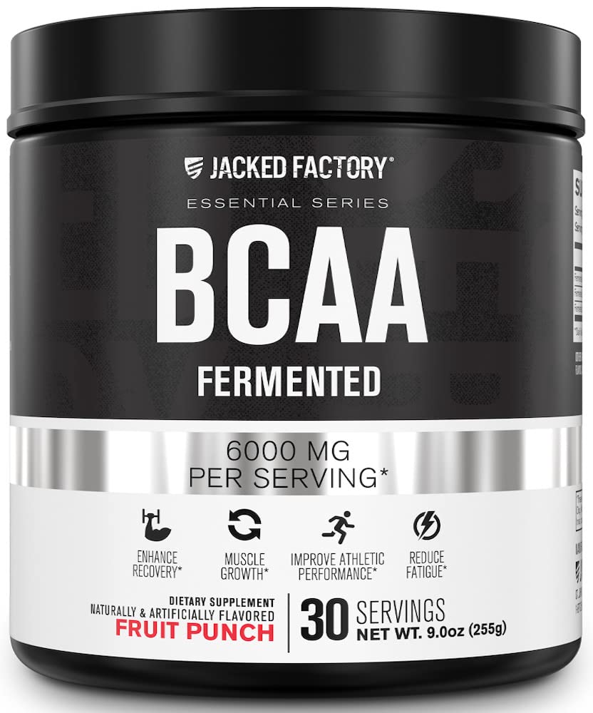 Fabrica Jacked BCAA pulbere (Fermented) - 6g ramificat lant esential Aminoacid Supliment pentru ameliorarea recuperării musculare, Oboseală redusa, Putere crescuta, crestere musculara - 30 Serviri, Punch de fructe