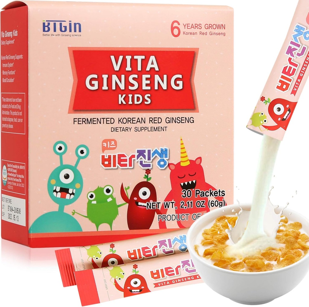 Vita Ginseng Kids, Vitamina D, Zinc, 7 Berries, Banana, 20 Legume, Milk Powder for Immune Support, Focus and Memory Boost, 30 Pachete (1Set)
