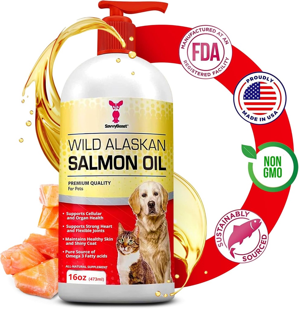 SavvyBeast Wild Alaskan Salmon Oil for Dogs, Cats & Dihors 