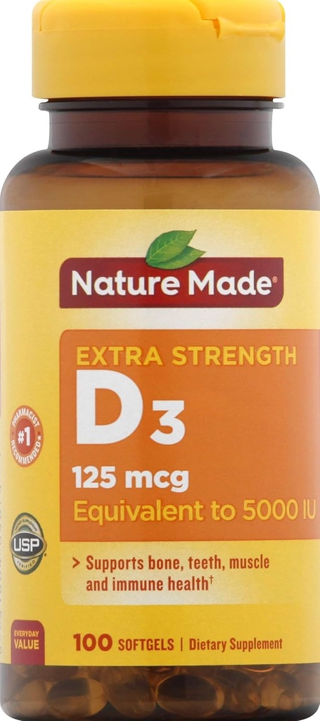 Natura Made Vitamina D3 Supliment alimentar Softgels, 5000 I.U, 100 Conte