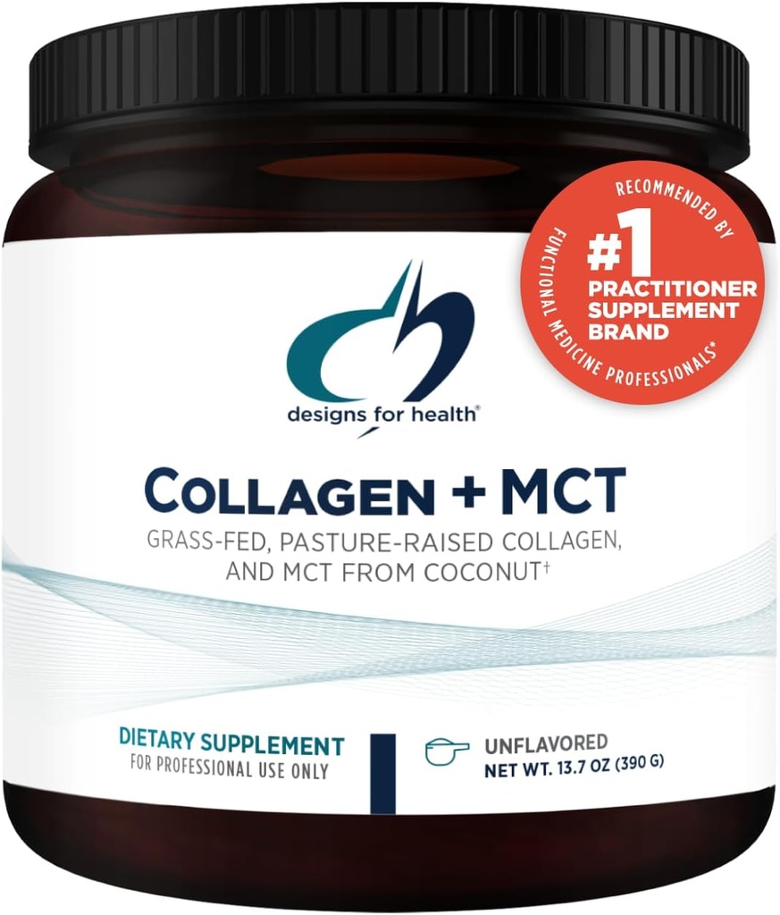 Design-uri pentru sănătate Colagen + MCT, nearomatizate - Hidrolizate Peptide de colagen Fed cu praf de ulei MCT pentru a promova focalizarea mentală, energie susținută, Skin & Gut Health (30 Servings)