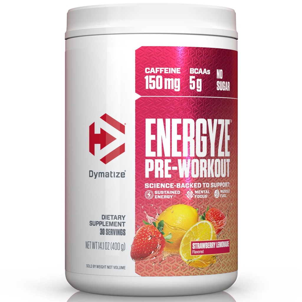 Dymatize Energyze Pre Workout pulbere pentru bărbați și femei, căpșuni Lemonade, 150mg Cafeina, 5g BCAAs, Performance Blend de L-Theanine, L-Tyrosine, L-Citrulline, No Sugar (30 Servings)