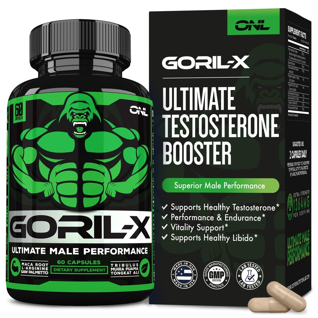 GORIL-X Testosteron Booster pentru bărbaţi - Antrenament Testosteron Supliment - Măreşte dimensiunea, Putere & Energie - 1000mg Masculi de creştere Horny Goat buruienilor - Maca Root, Tongkat Ali & Tribulus Terrestris 60 Caps