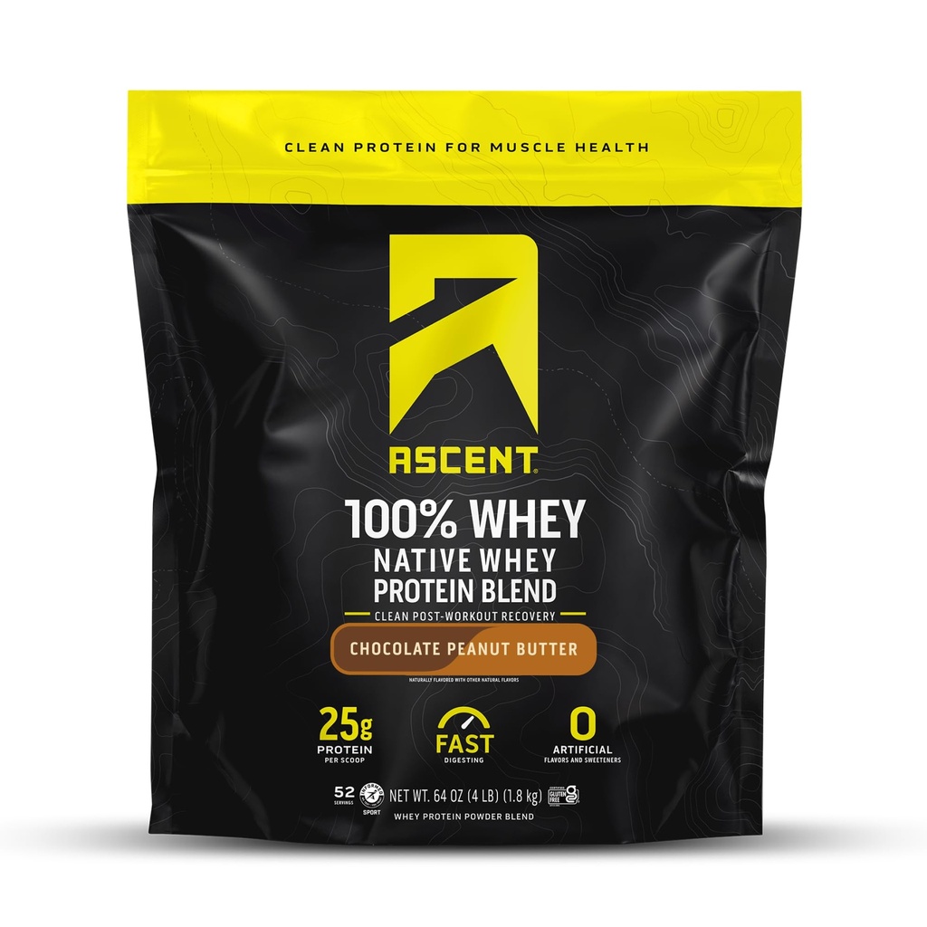 Ascensiune 100% Whey Pulbere de proteine - Post Antrenament Proteina Whey Izolat, Zero arome artificiale & îndulcitoare, Gluten gratuit, 5.5g BCAA, 2.6g Leucine, Aminoacidi esențiali, Unt de arahide de ciocolată 4 lb