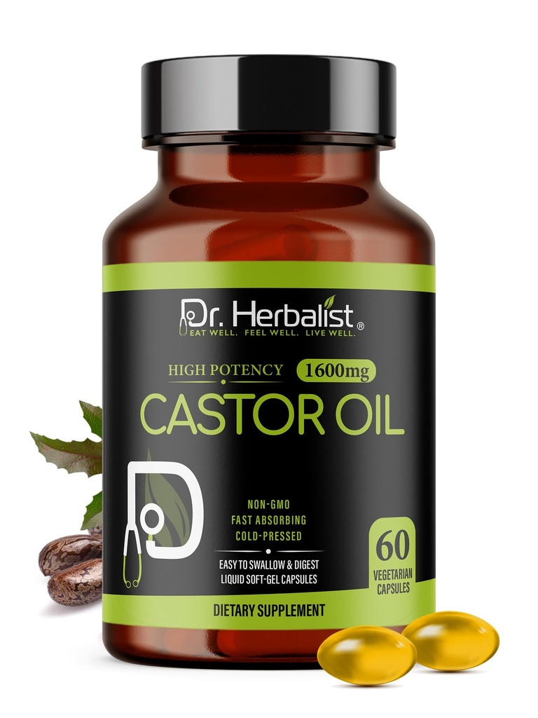 Capsule de ulei de Castor HERBALIST - 1600mg per Serving, 60 Conte - Non-GMO, Rapid-Absorbing, Vegetarian, Rece-Pressed, și Potență mare - Sprijină piele, păr, Laxative naturale și Digestive Health