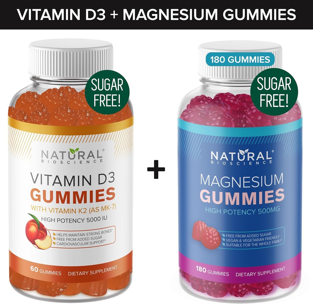 Vitamine D3 K2 fără zahăr (60 gume) și gume de magneziu fără zahăr (180 gume), vitamina D3 Gumies 5000 UI+K2 MK7 80 mcg, gumii cu citrat de magneziu 500 mg