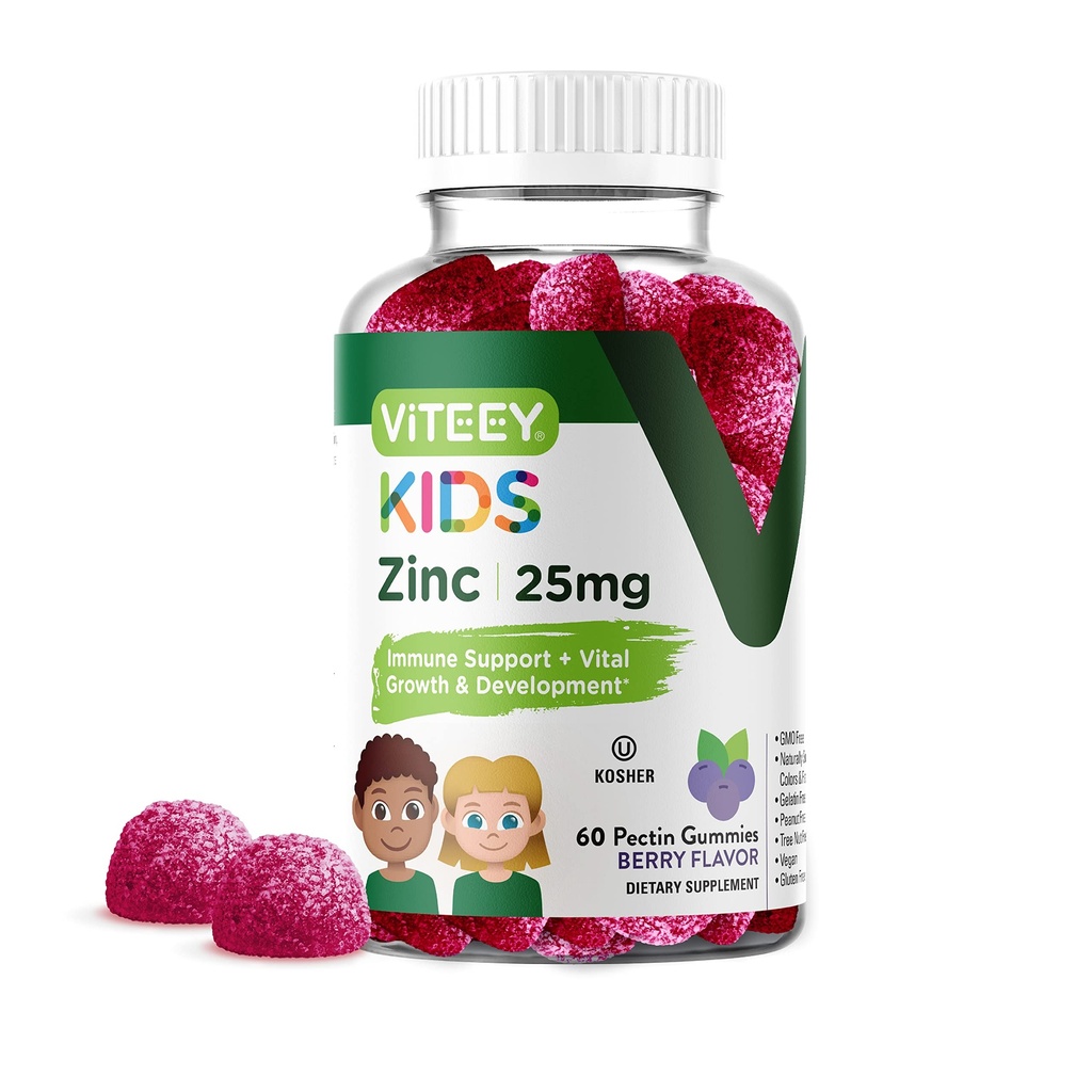 Viteey Zinc pentru copii Gummies, 25mg - Suport imunitar - puternic antioxidant natural, Kids Zinc Vitamina Supliment - Vegan, Gelatină gratuit, Gluten gratuit - Gummy gustoase aroma Berry