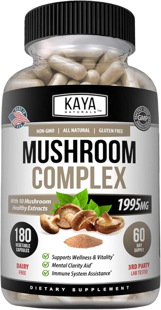 Kaya Naturals Premium Mushroom Complex Potent - Mushroom Supplement - Mushroom Complex Capsule 1995mg Per Serving - SIDA Claritatea mintală susține sistemul imunitar, Wellness & Vitality - 180 Conte