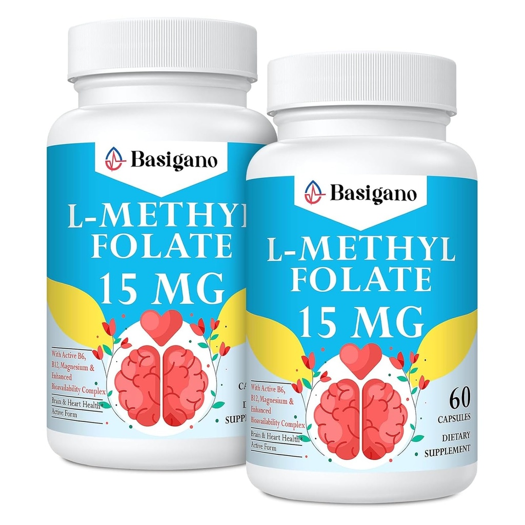 15mg L Methylfolat (5-MTHF) - Acid folic activ îmbogăţit cu vitamine B6 şi B12-60 Capsule vegetariene - non-GMO, gluten-liber