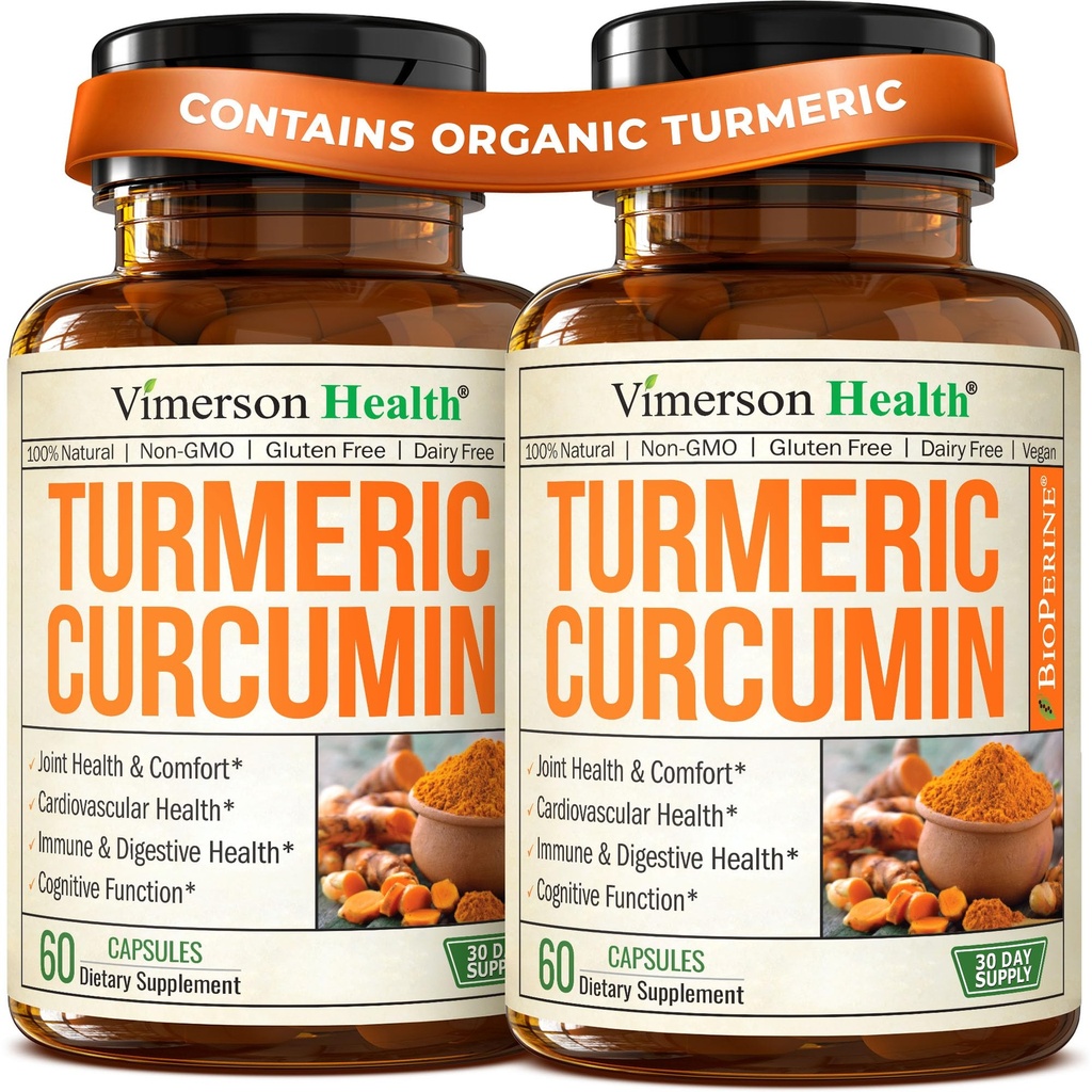 Curcumina turmerica Supliment cu extract de piper negru - potenta mare Turmeric organic 1200mg & 95% Curcuminoide pentru sanatate comuna si digestiva - Supliment de sprijin comun - 60 capsule Curcuma - 2 ambalaj