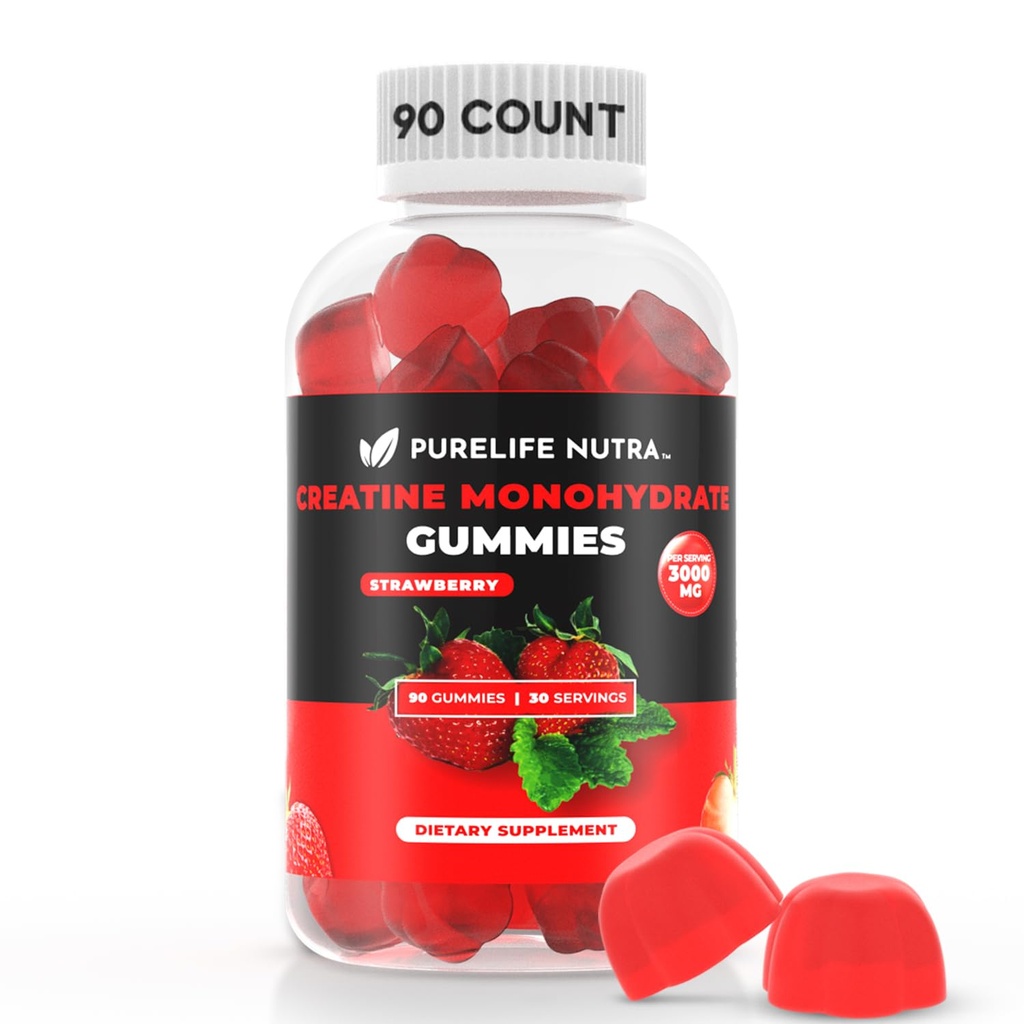 Creatine Monohidrat Gumries - 3g Servire, Zahăr gratuit, 90 Conte, Non-GMO, Proiectat pentru bărbați și femei, Gluten gratuit, Non Bloating - Vegan, Halal, Kosher. (90 Unități, Căpșuni)