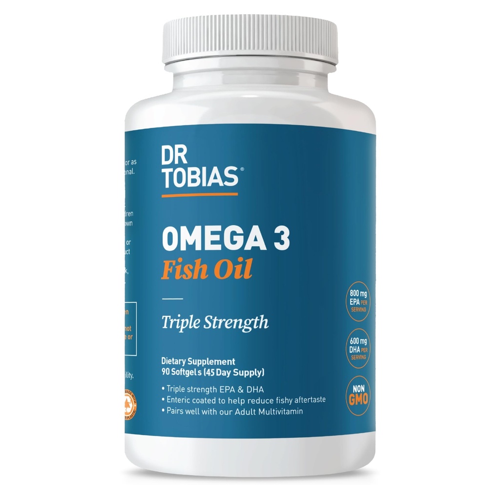 Dr. Tobias Omega 3 ulei de pește, 2000mg Putere triplă cu 800mg EPA 600mg DHA per servire, ulei de pește Omega 3 Suplimente pentru inima, Brain & Suport imun, 90 Softgels, 45 Serviri