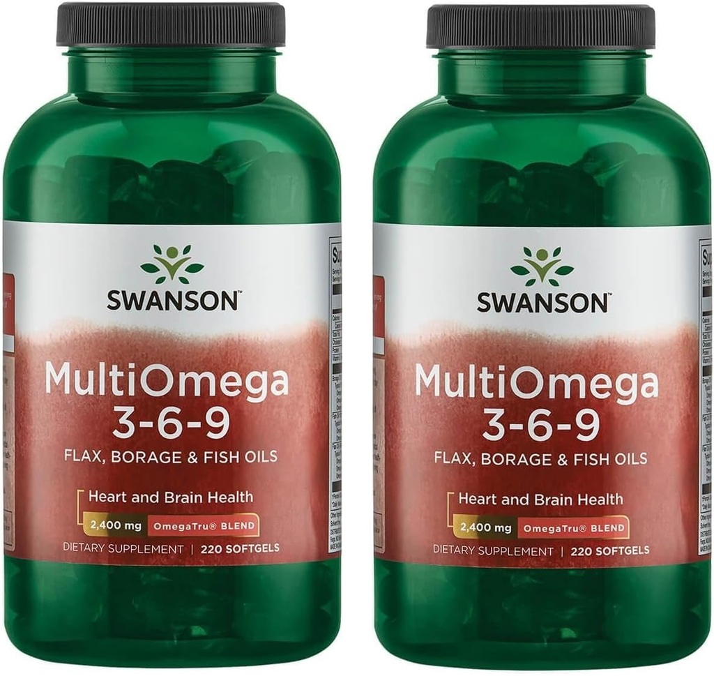 Swanson MultiOmega 3-6-9 - Non-GMO Flax, Borage & Capsule ulei de pește - Acidi grași esențiali care susțin sănătatea cardiovasculară și sănătatea creierului - (220 Softgels, 2400mg Servire) 2 Sticle