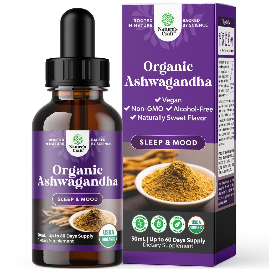 USDA Organic Ashwagandha Picături lichide - extract de rădăcină Ashwagandha pentru stres și suport de modă - Drops delicioase Adaptogen pure pentru adulți - Tincturi vegetale fără alcool pentru odihnă - 30 ml Sticla