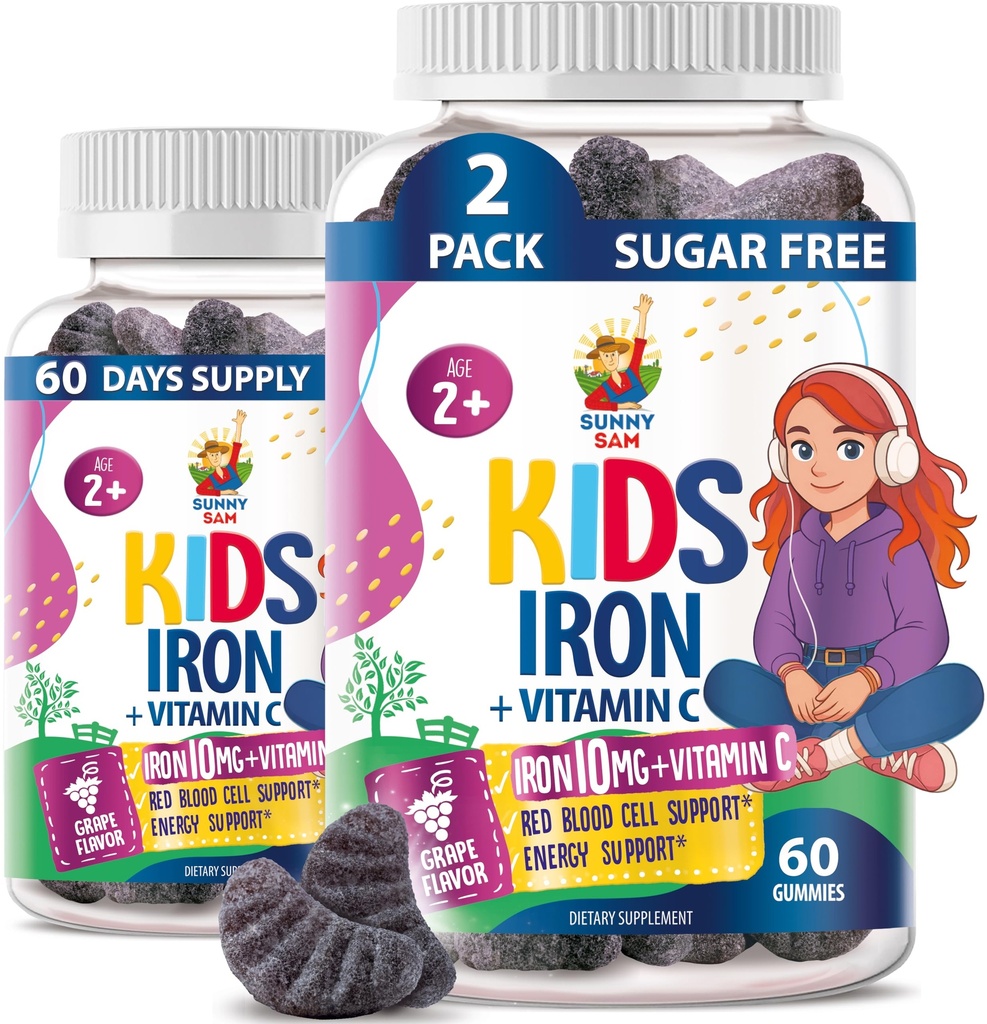 SUNNY SAM Gummies de fier pentru copii și adolescenți - 10mg vitamine cu vitamina C - Low-Sugar Gummy Supliment de fier mestecabil pentru suport imunitar, susține producția de celule roșii din sânge pentru copii și adolescente