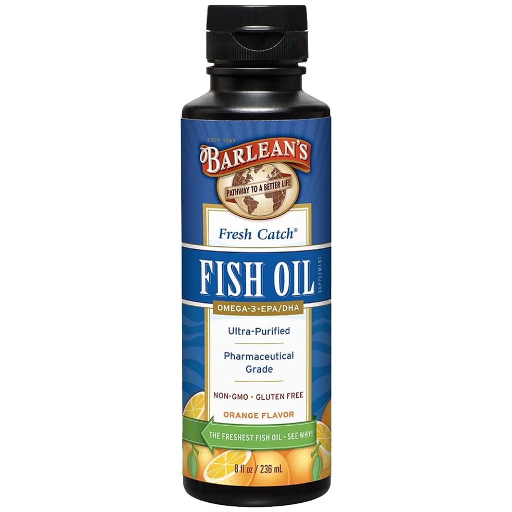 Barlean Omega 3 supliment lichid ulei de pește, 1262mg EPA și DHA acizi grași, non-GMO și gluten gratuit, aromă de portocale, 8 oz