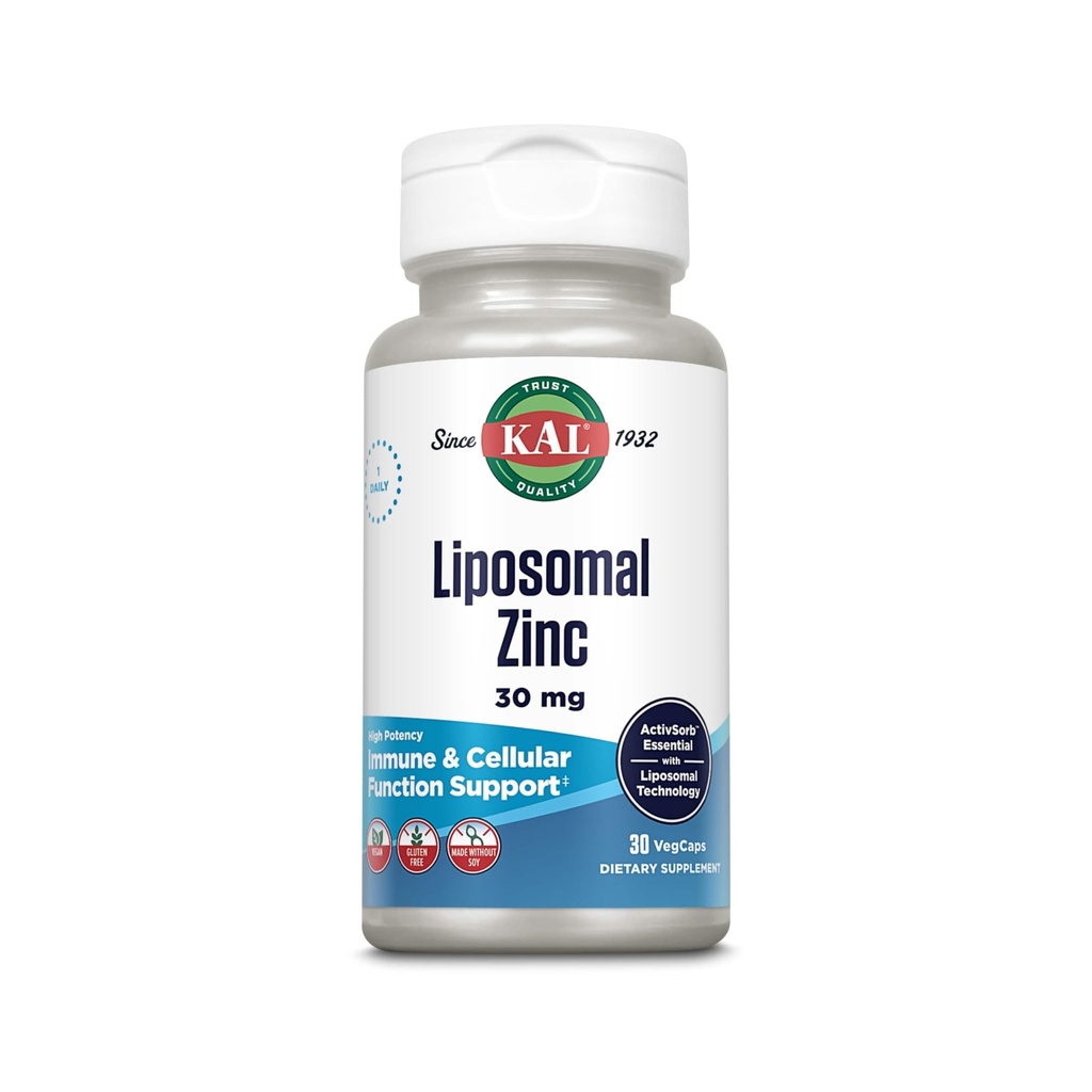 KAL Liposomal Zinc 30mg, Functie Cellulara si Supliment de suport imunitar, Suplimente de zinc de absorbtie imbunatatit, Vegan, Gluten gratuit, Soy gratuit, 30 Serviri, 30 VegCaps