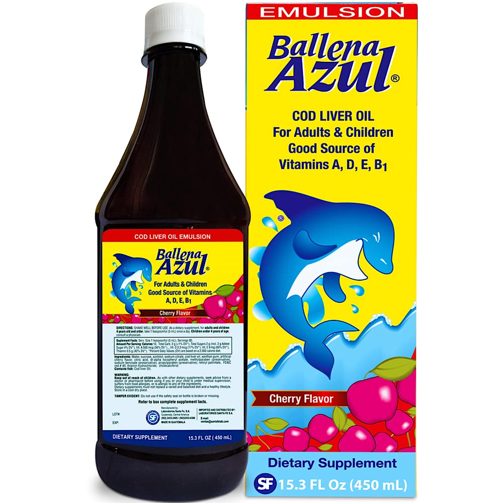 Ballena Azul Aceite de Hígado de Bacalao para Adultos y Niños, COD Ulei de ficat pentru adulți și copii,Vitamina A,D,E, B1, Supliment alimentar, Omega 3, Inmune System Boost, Cherry 15 OZ