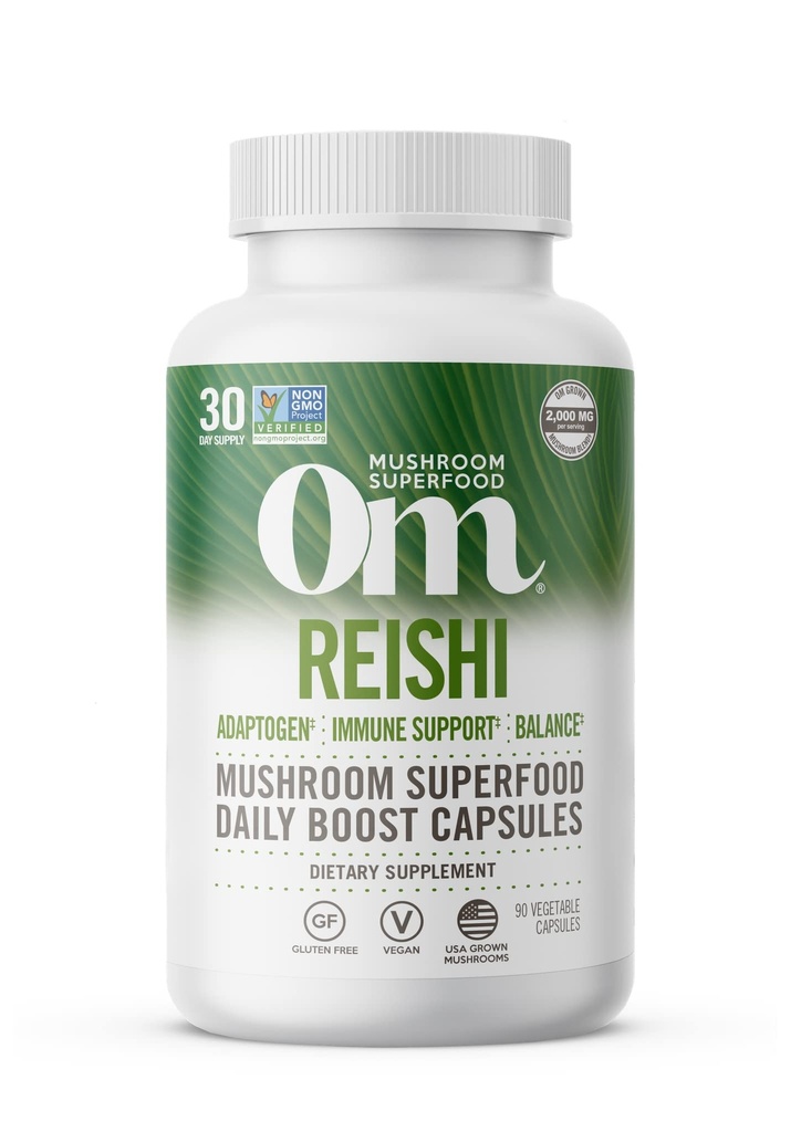 OM MUSHROOM SUPERFOOD Reishi capsule ciuperci Superfood Supliment, 90 Conte, 30 zile, Organic Adaptogen pentru relief de stres și sănătate imună