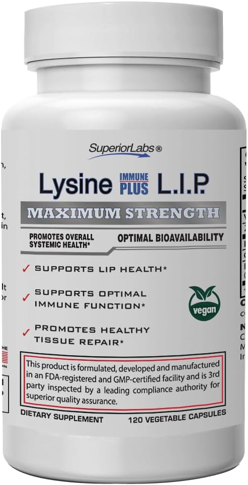 Superior Labs Lysine Immune Plus Lip, clinic dovedit de sanatate si suport al buzelor, L-Lysine Legat de HCI pentru stabilitate optima si absorbtie pentru rezultate rapide, Bioactive cu Zero aditivi nocive