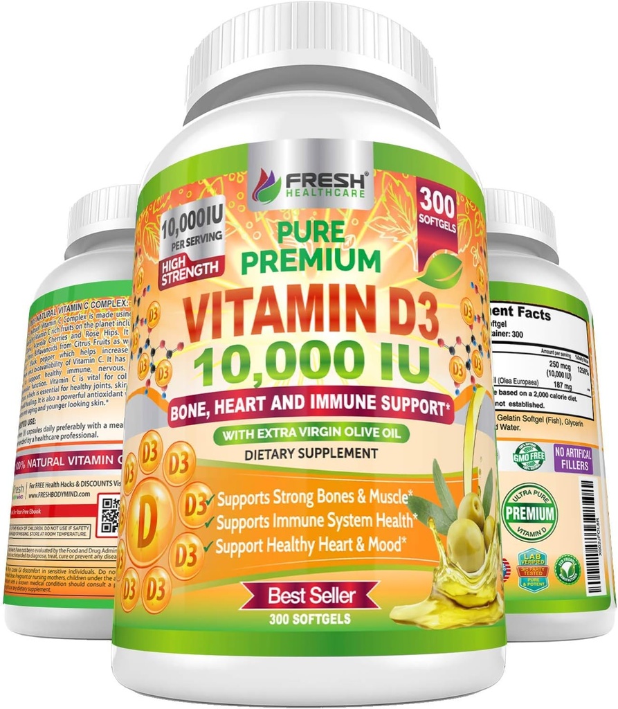 Vitamină de sănătate proaspătă D3 10000 UI (250mcg) cu ulei de măsline extra virgin - Suport imunitar - 300 Softgels pentru articulații, oase, mușchi și sănătate mintală - Suplimentul de vitamina D non-GMO