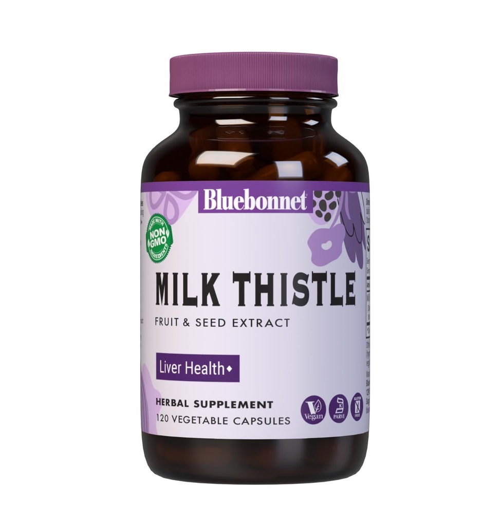 BlueBonnet Nutrition Milk Thistle Fruit & Seed Extract, Ficat Health*, Non-GMO, Vegan, Kosher Certified, Gluten-Free, Soy-Free, 120 Capsule vegetale, 120 Servings