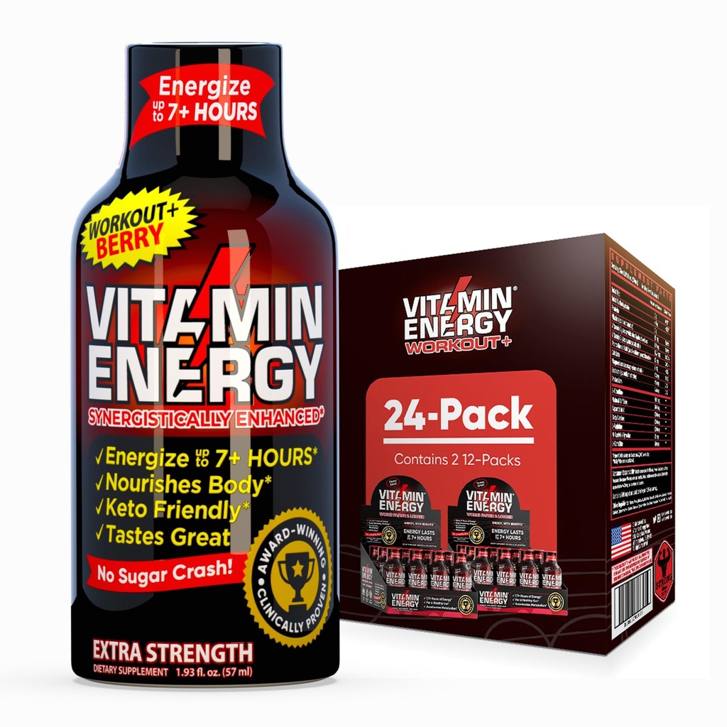 Vitamina Energie Workout+ Extra Putere Energie Shot Berry 24 Pack, 260mg Natural Cafeina, Pre-Workout, B-Vitamins, Minerale, Endurance & Performance, Zero Sugar, Gluten-Free, Vegan, 1.93 fl oz