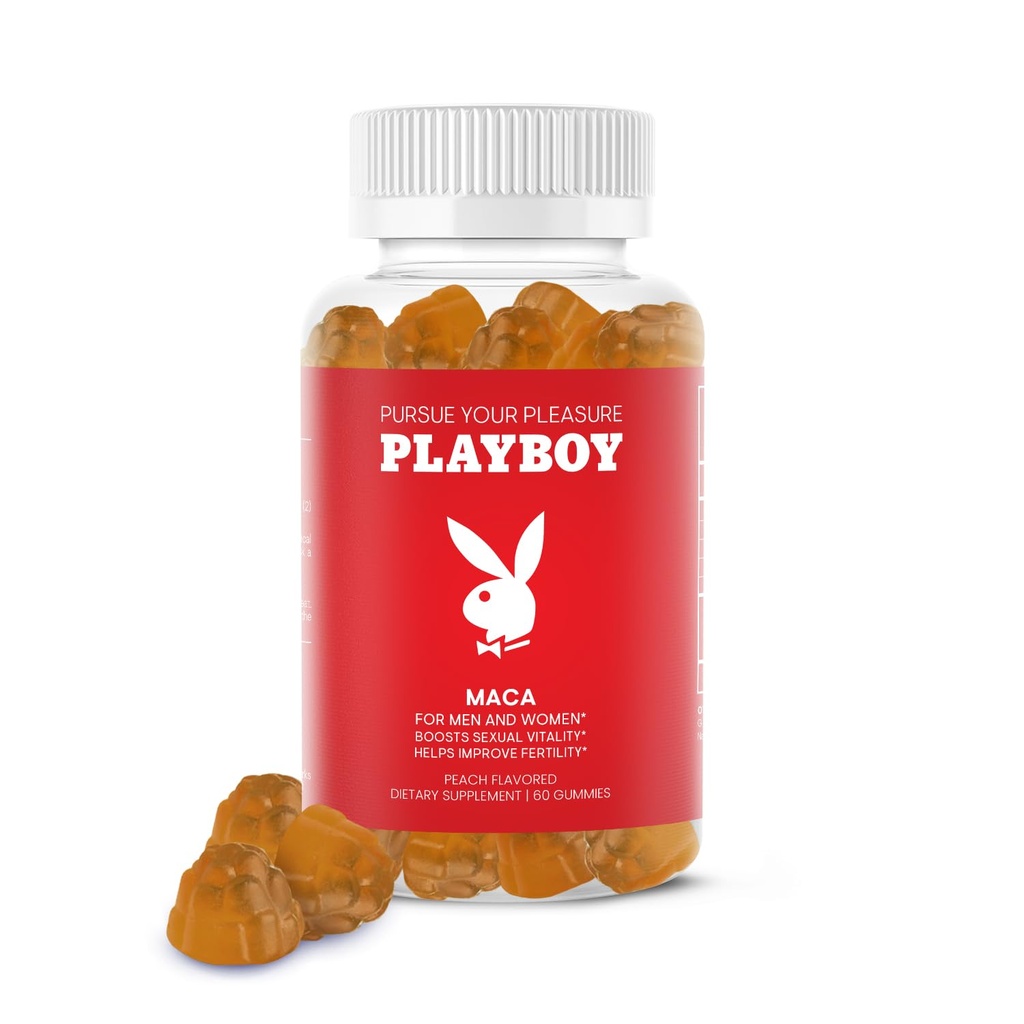 Playboy - Maca Root Gummies pentru femei si barbati (60 Conte - Peach Aromatizat) - Boost Vitality sexual, libido, Fertilitate - Maca Gummies Supliment - 100% natural, Vegan Non OMG - 4:1 extract Maca Peruana