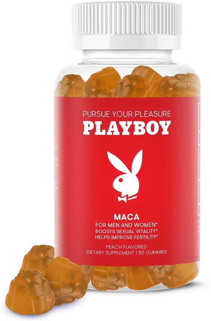 Playboy - Maca Root Gummies pentru femei si barbati (60 Conte - Peach Aromatizat) - Boost Vitality sexual, libido, Fertilitate - Maca Gummies Supliment - 100% natural, Vegan Non OMG - 4:1 extract Maca Peruana
